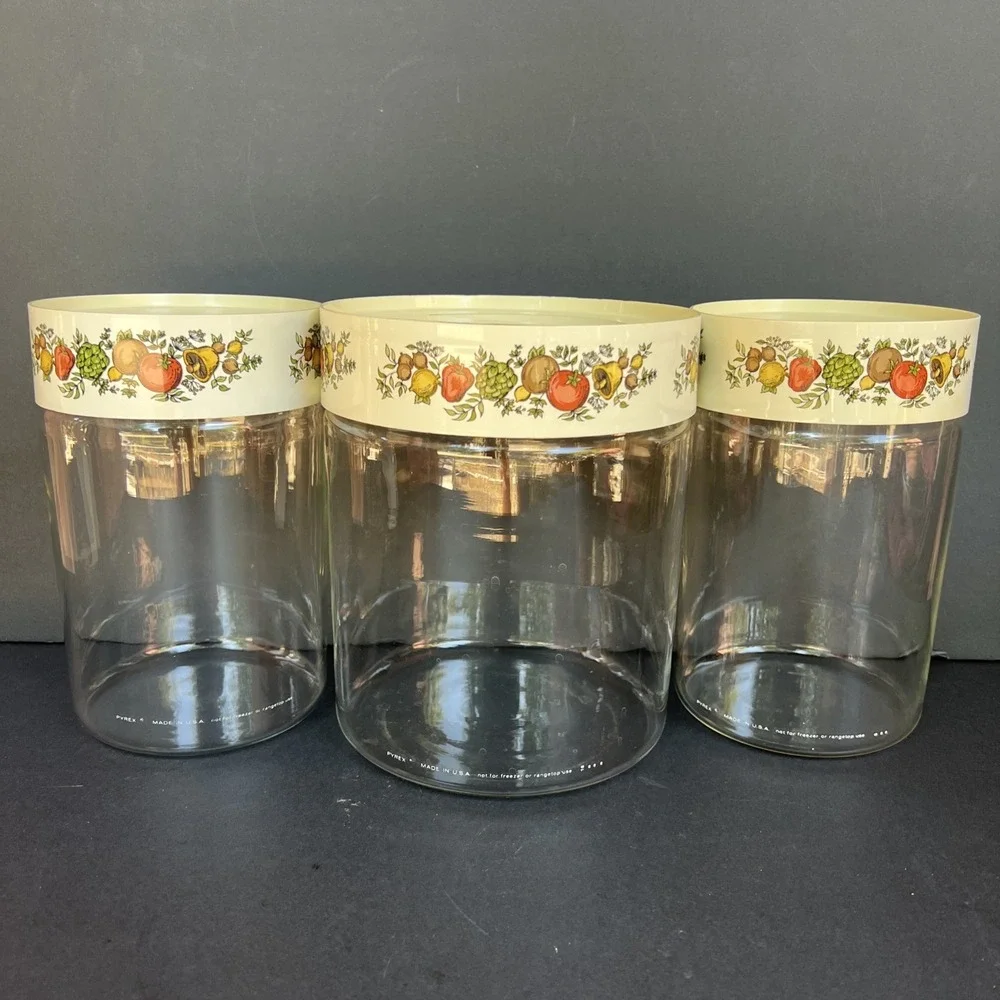 VTG Pyrex Spice O Life Store N See Canister Set of 3 Glass 1970s W/ Seals USA